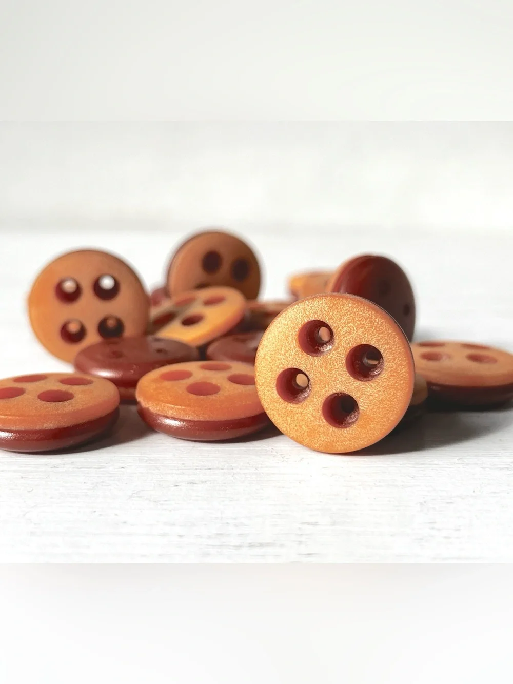 17 Unusual Vintage Sanded Round Plastic 4 hole Buttons w Groove Pumpkin Orange
